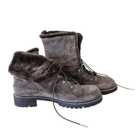 STUART WEITZMAN Boots Womens Size 10 Brown Luge Faux Fur Lace Up Suede Combat - Picture 1 of 9
